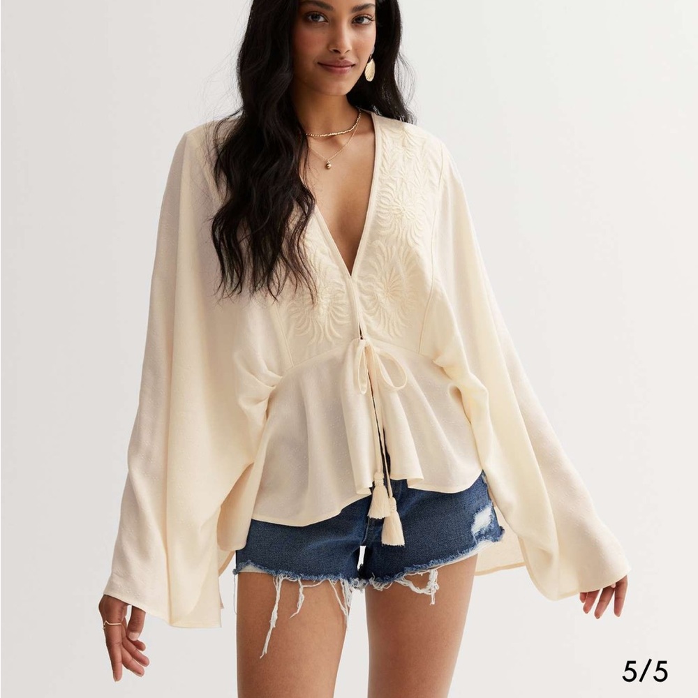 Cream Embroidered Tie Front Flared Sleeve Blouse